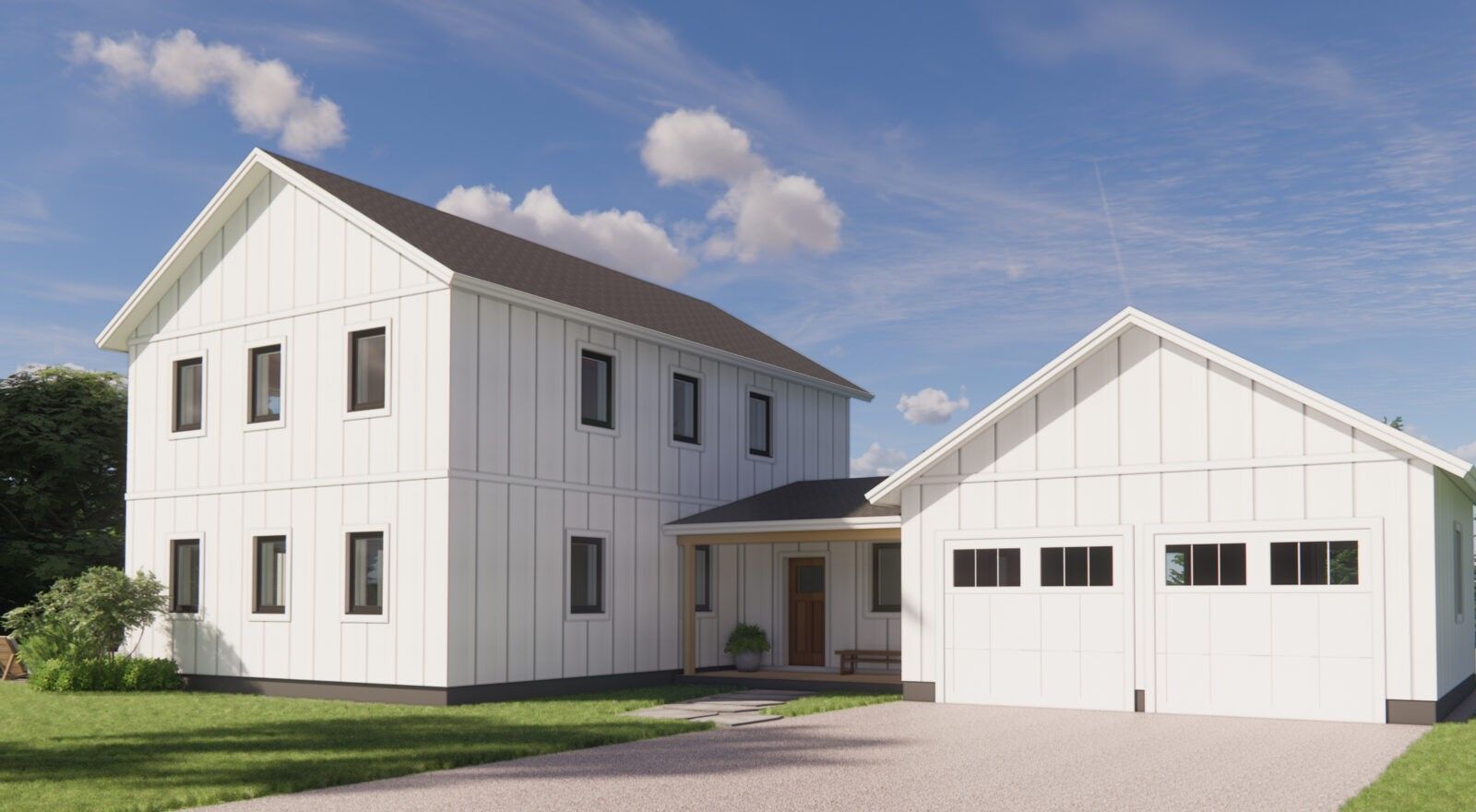Rendering of a white two-story farmhouse with an attached two-car garage.