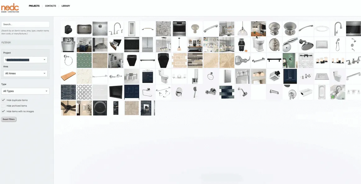 Gather product grid showing plumbing fixtures, finishes, appliances, and lighting products.