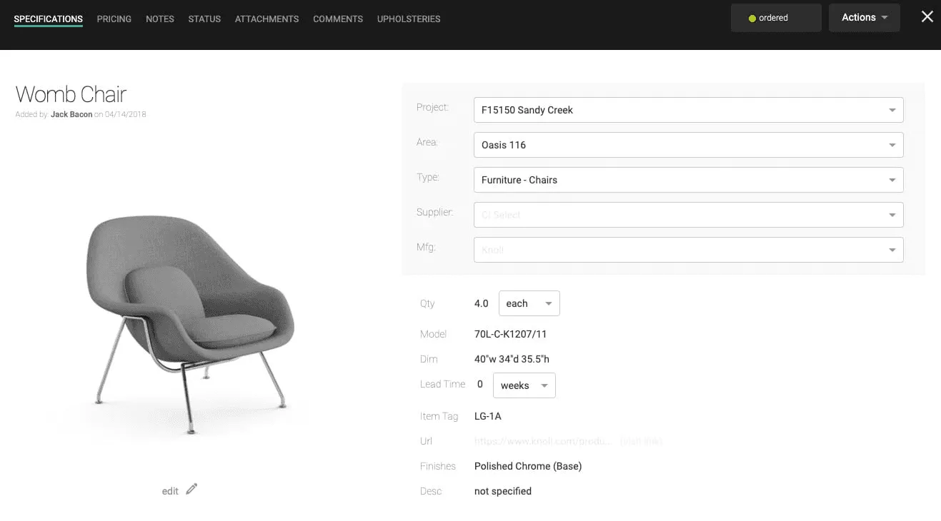 Gather specification view for a Womb Chair with project, area, model, quantity, dimensions, and finish fields.