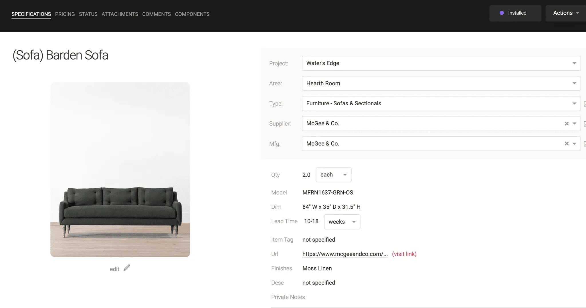 Gather item view for the Barden Sofa with specifications, quantity, model, dimensions, and finish.