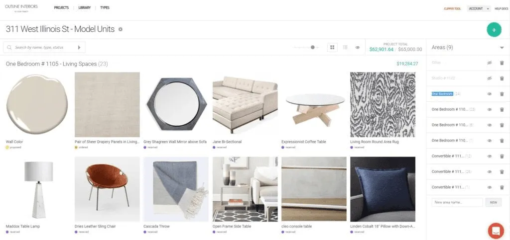 Gather project board showing living-room furniture, finishes, and budget totals.