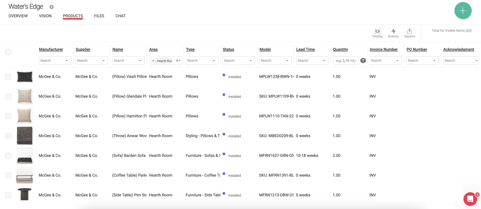 Gather spreadsheet view listing installed Water’s Edge Hearth Room products and specifications.