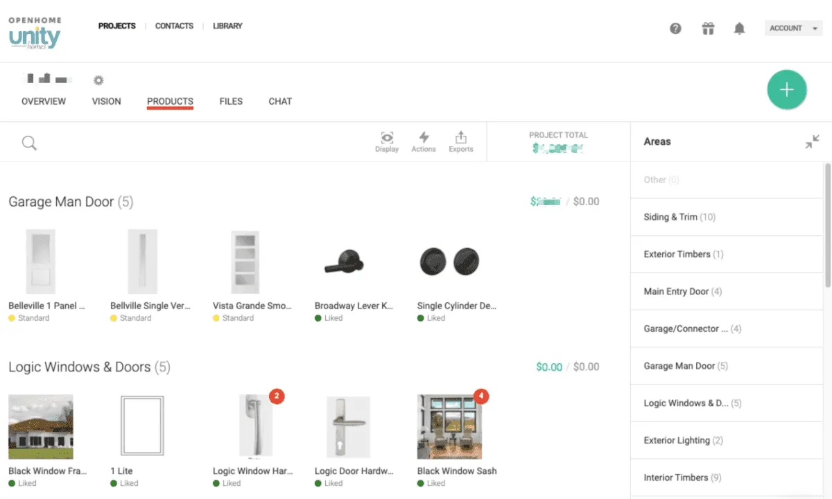Gather project board showing exterior doors, windows, hardware, and other building selections grouped by area.