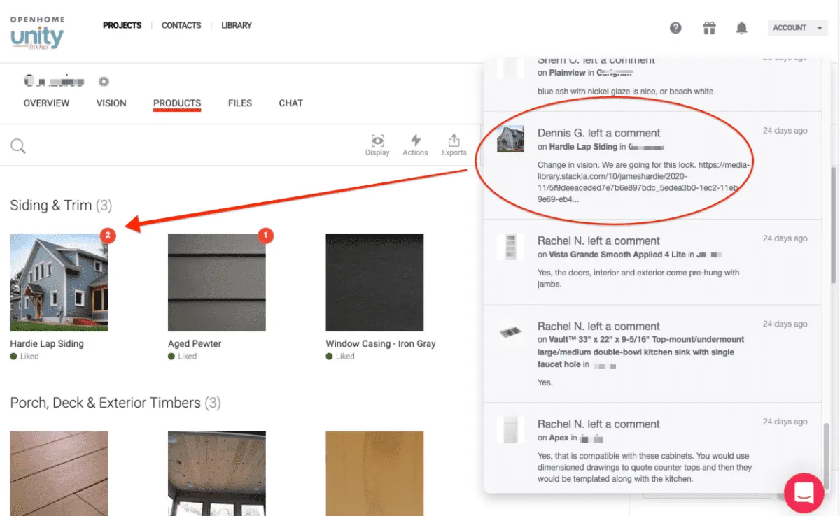 Gather project board linking a siding product to the related activity comment.