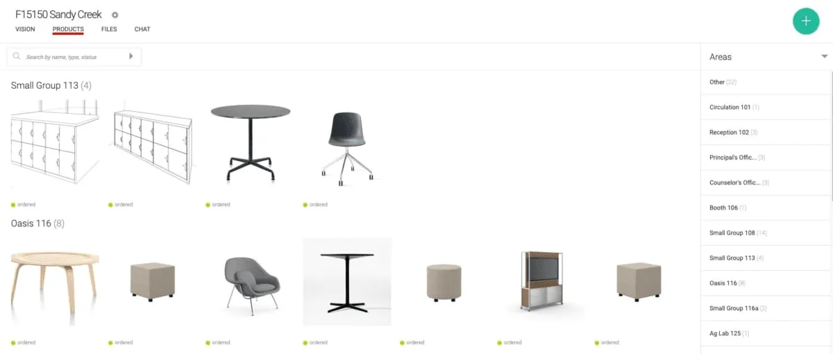 Gather project board with furniture grouped by room and marked ordered.