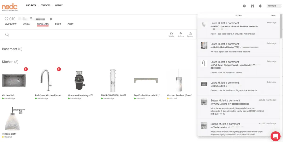 Gather project board showing kitchen products beside a panel of recent comments.
