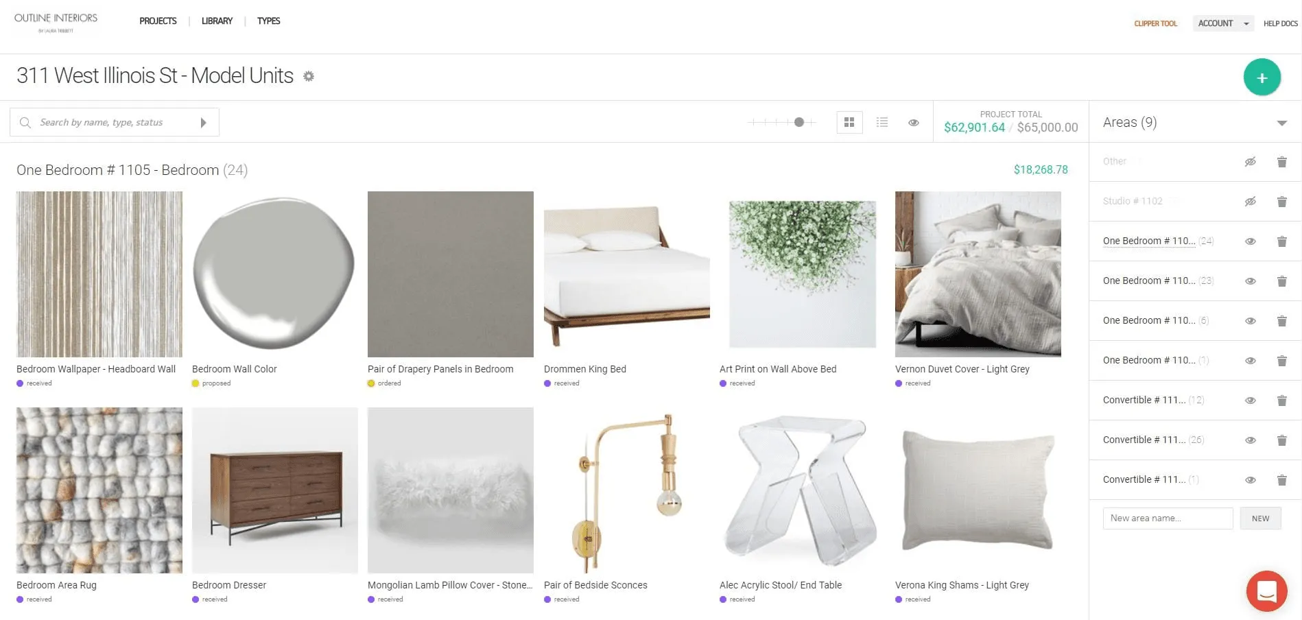 Gather project board showing bedroom furniture, finishes, and budget totals.