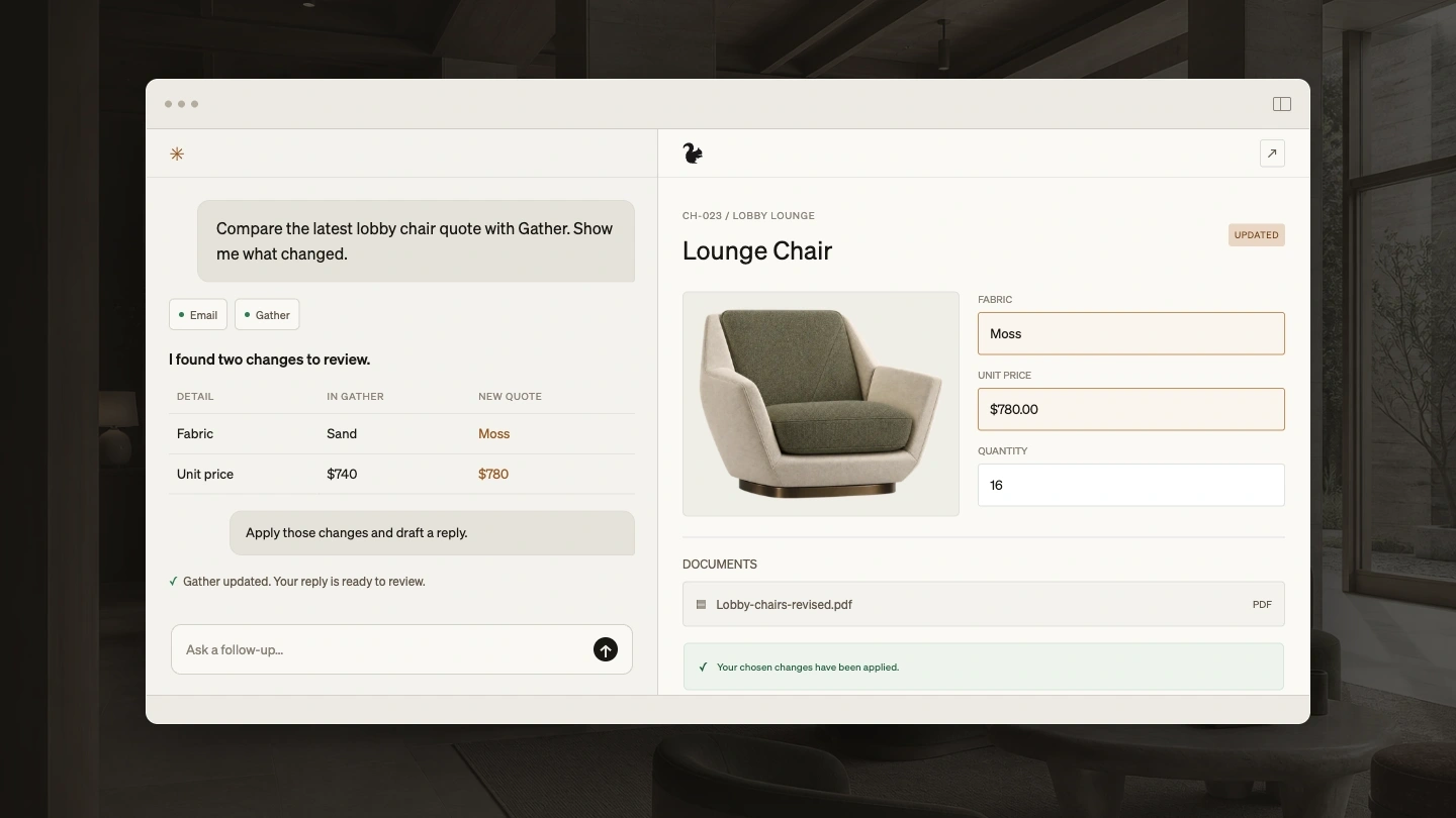 An illustrative AI conversation beside a Gather lounge chair specification shows the designer's chosen fabric and price changes applied, with a subdued lobby photograph behind the shared workspace.