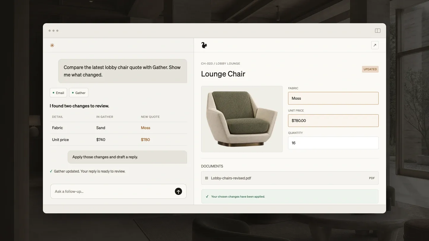 An illustrative AI conversation beside a Gather lounge chair specification shows the designer's chosen fabric and price changes applied, with a subdued lobby photograph behind the shared workspace.