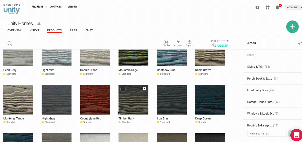 Animated Gather project showing product boards for finishes and fixtures, then opening a shower specification.