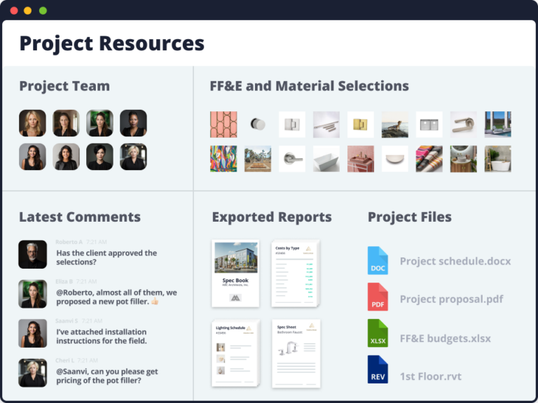 Project resources for a complex interior design ff&e project. Image contains illustrations of stored documents, files, team comments, and ff&e selections common to a Gather project.
