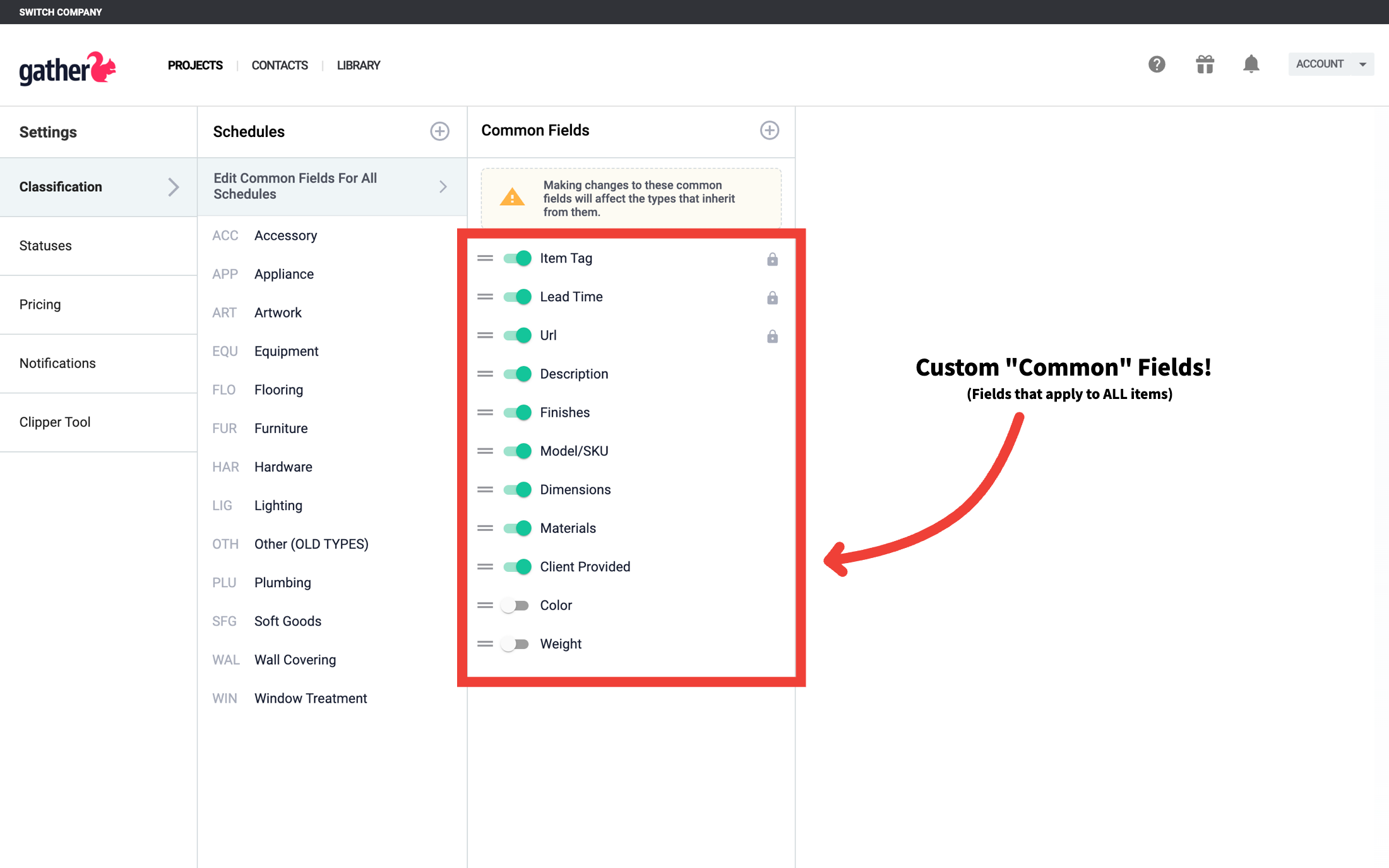 Screenshot of Gather's settings interface showing customizable common fields for all schedules