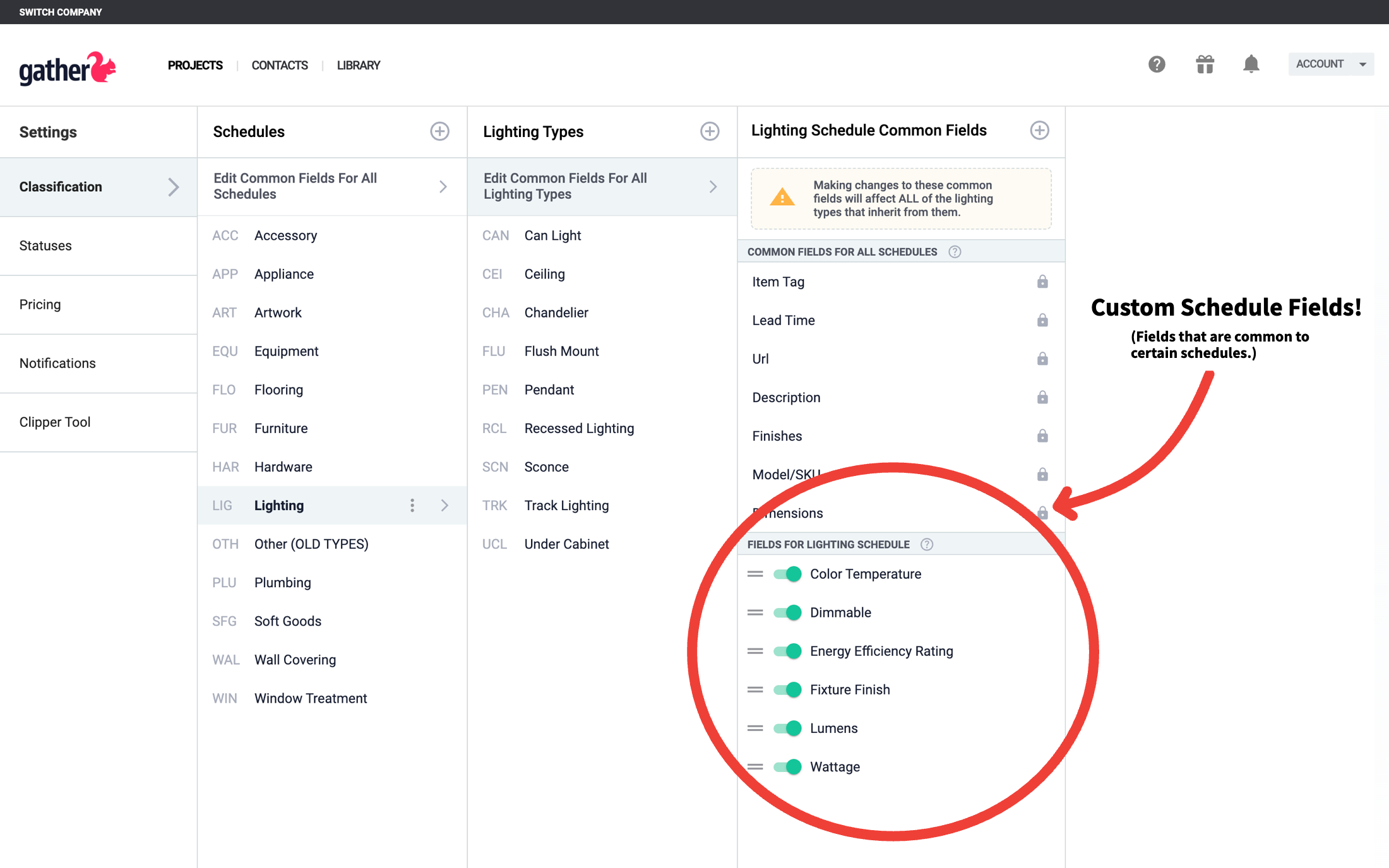 Screenshot of Gather's interface showing customizable fields for the Lighting schedule