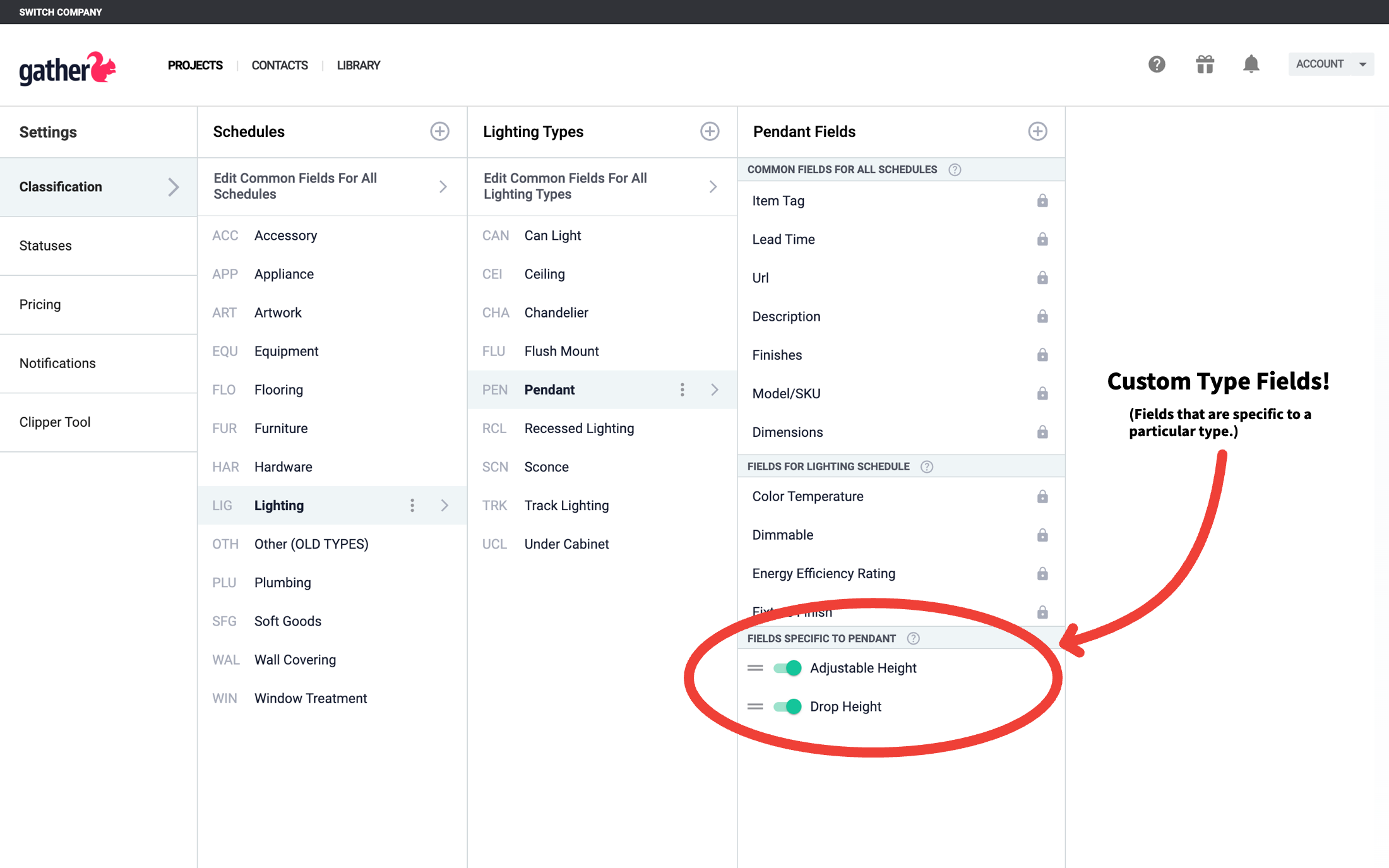 Screenshot of Gather's interface showing customizable fields for Pendant lighting type