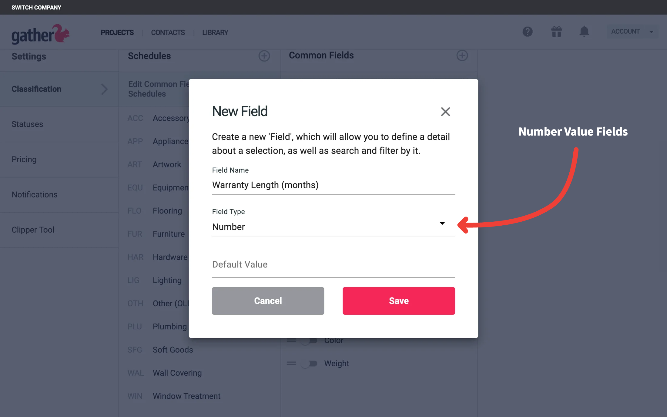 Gather app interface showing 'New Field' dialog for adding a 'Warranty Length (months)' field with 'Number' field type.