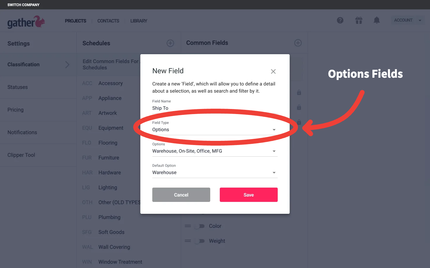 Gather app interface showing 'New Field' dialog for adding a 'Ship To' field with 'Options' field type.