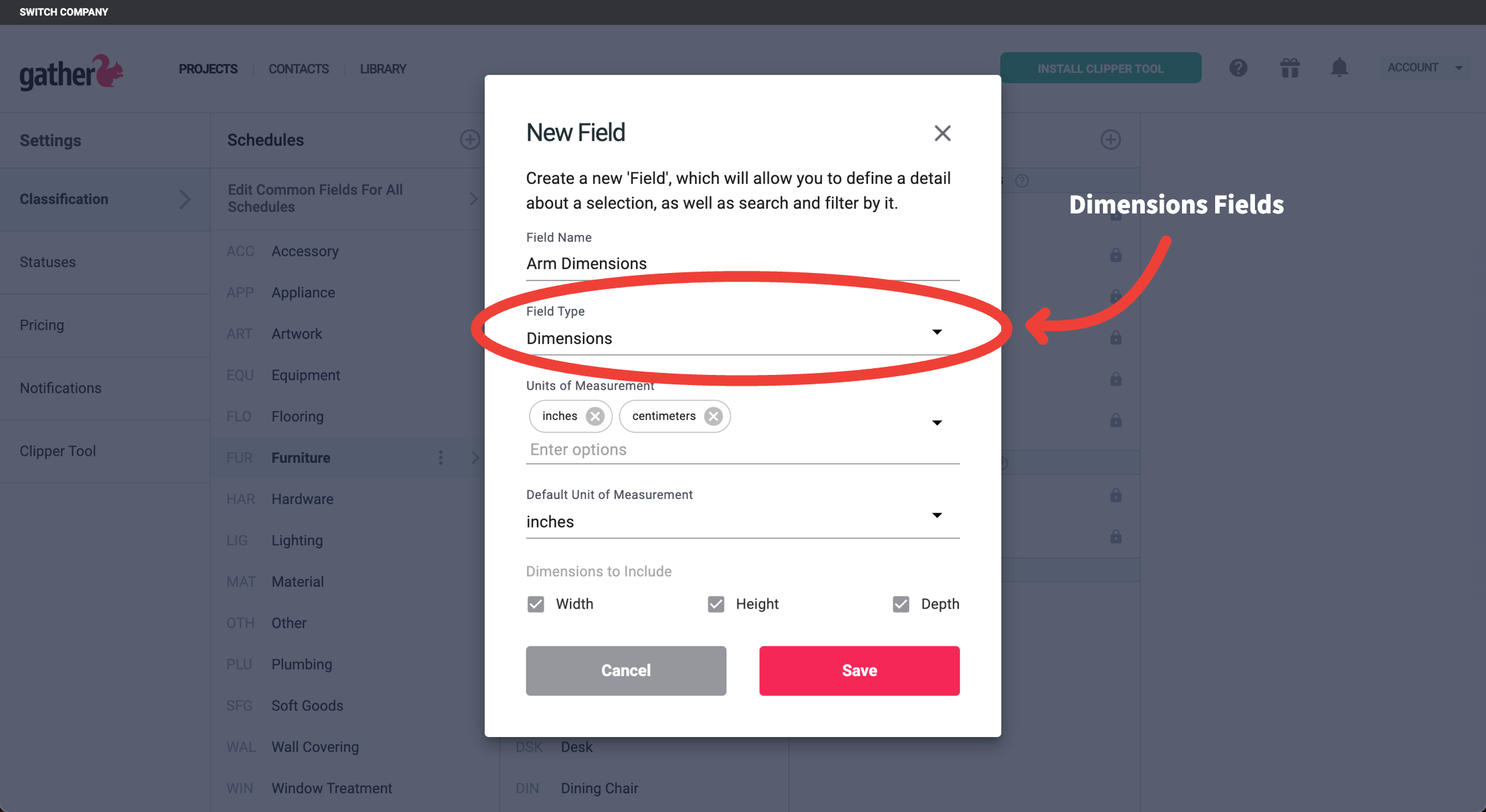 Screenshot of Gather's interface showing the 'New Field' modal for creating a custom 'Arm Dimensions' field with options for units of measurement and dimensions to include