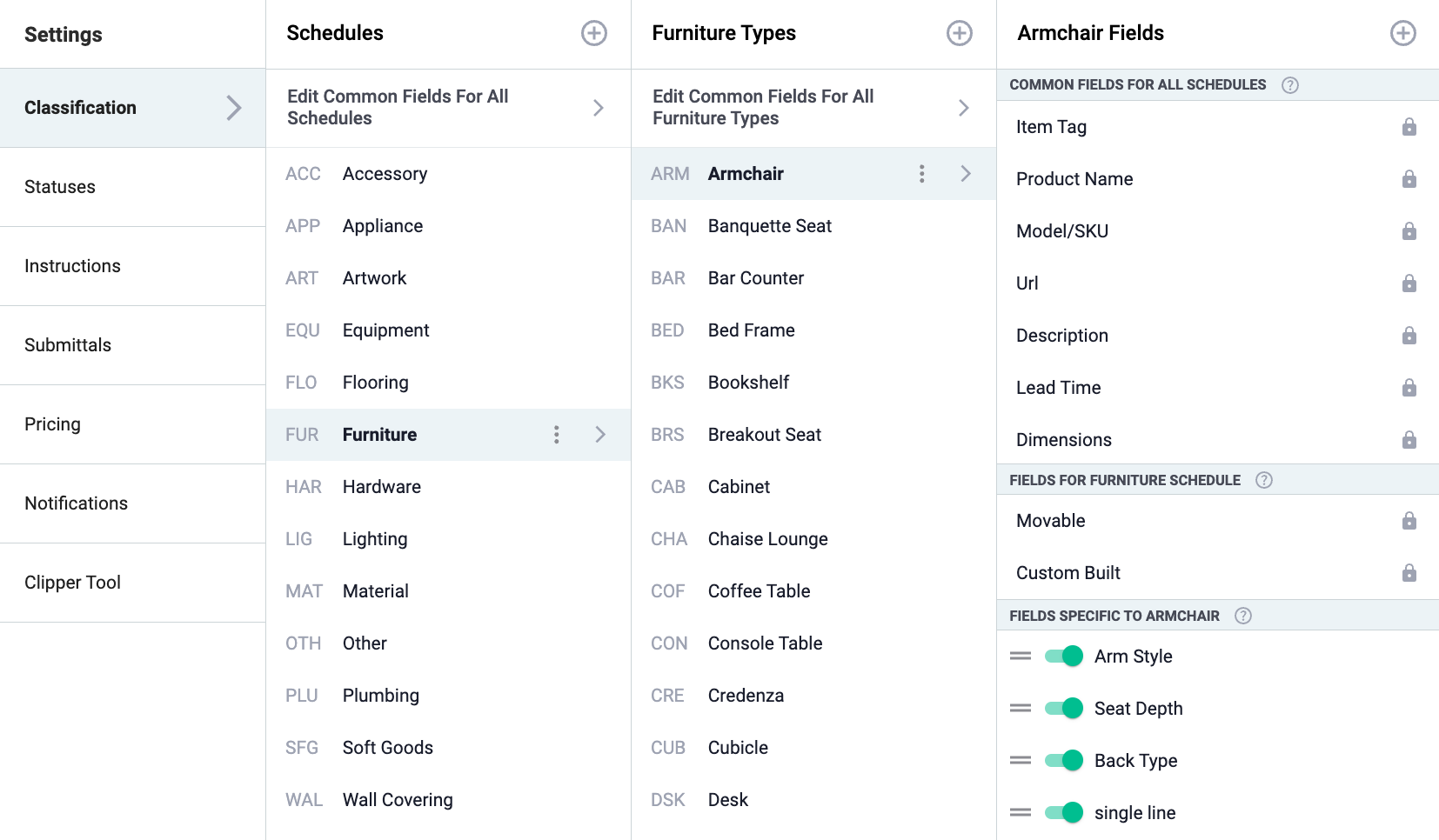 Screenshot of Gather's interface showing the hierarchical structure of Schedules, Furniture Types, and Armchair Fields for FF&E specification