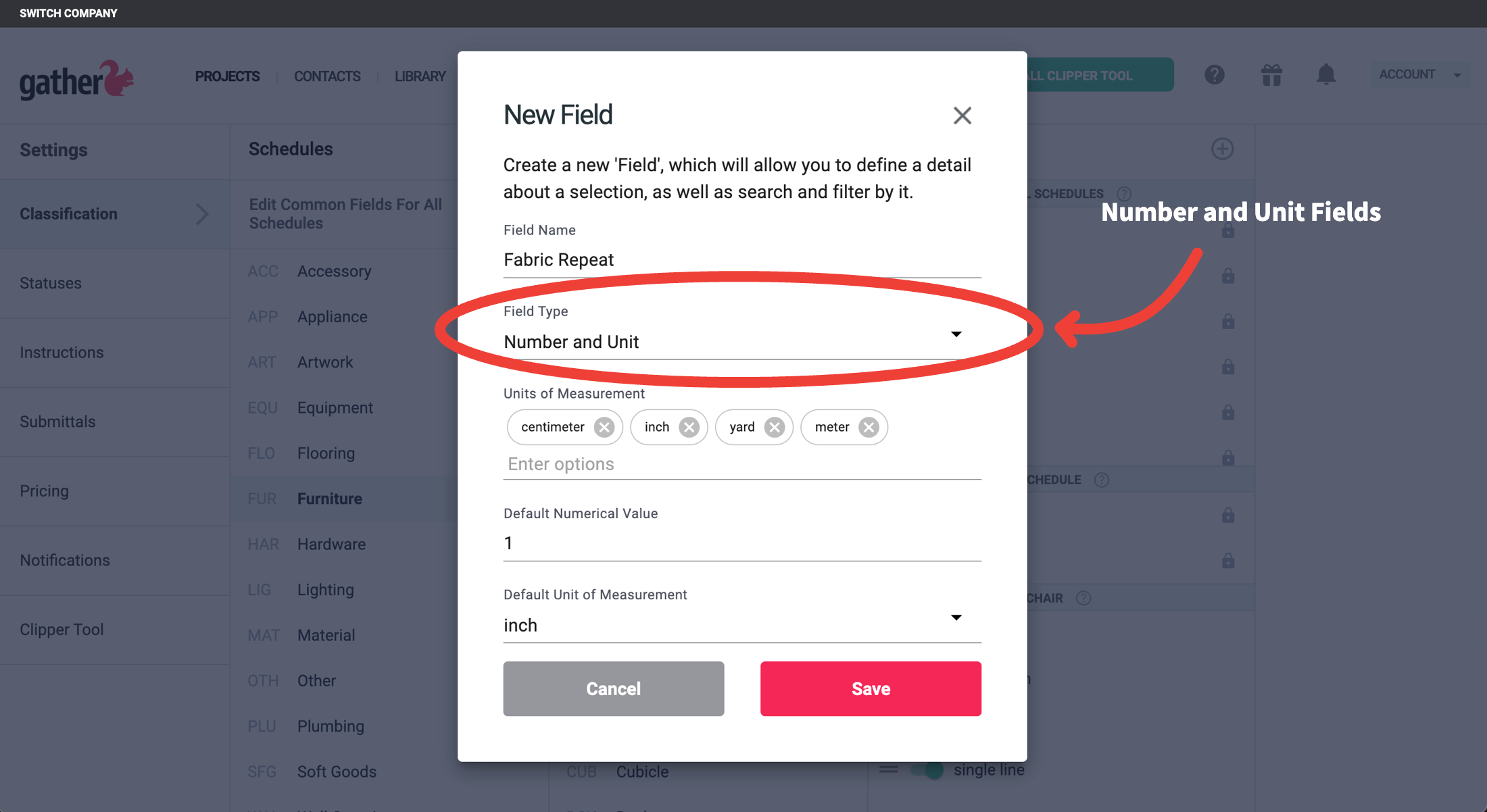 Screenshot of Gather's interface showing the 'New Field' modal for creating a custom 'Fabric Repeat' field with Number and Unit options