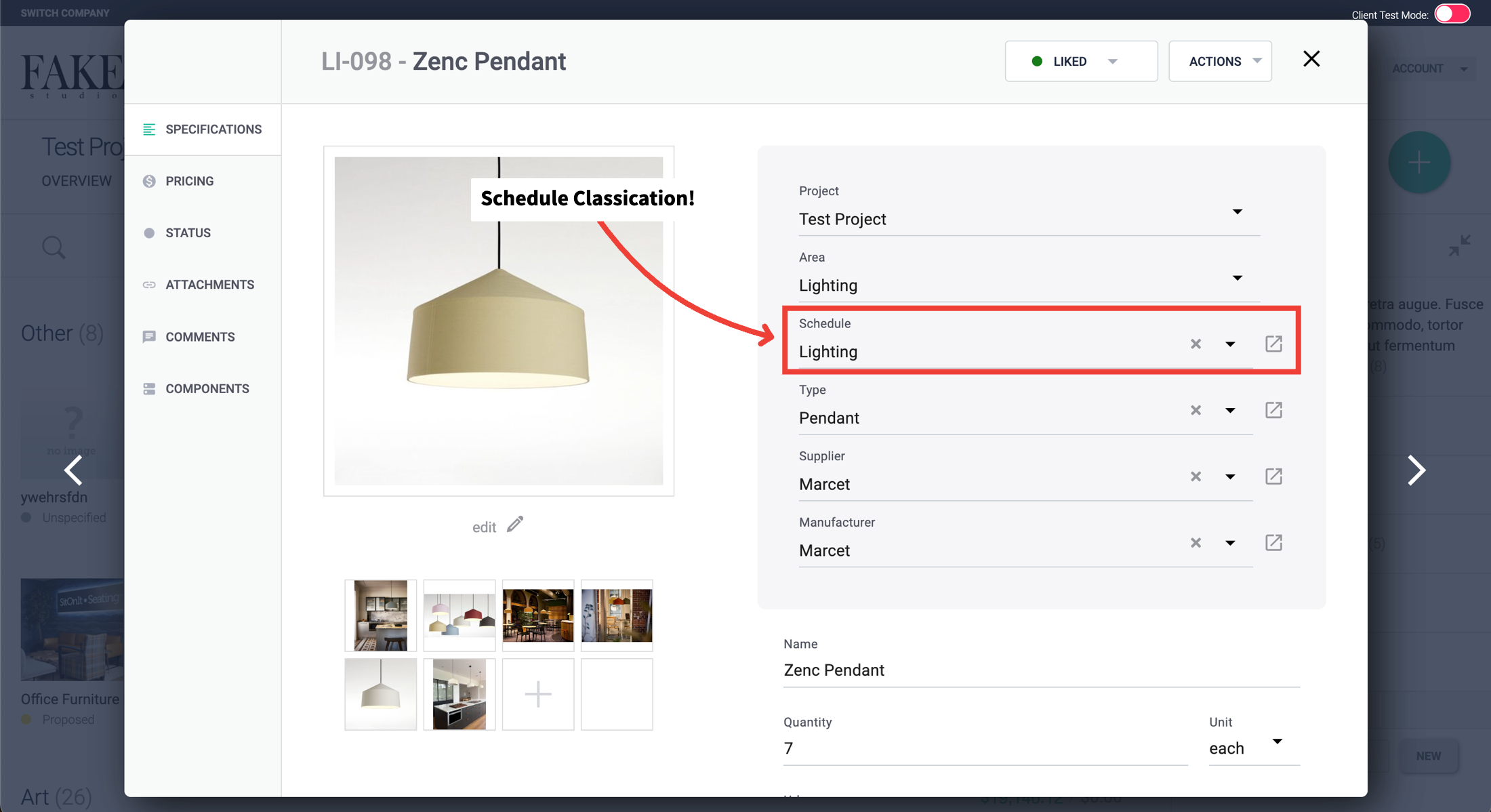 Screenshot of Gather's user interface showing a pendant light specification with schedule classification highlighted